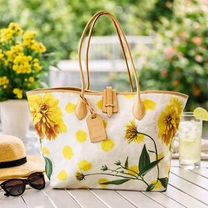 Dooney & Bourke Authentic Canvas & Leather Dahlia Variabilis - Yellow Tote